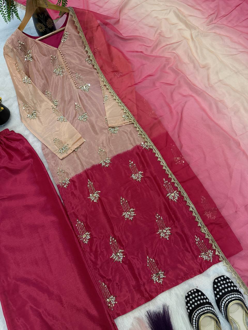 Modern Pearl-Drop Two-Tone Silk Suit